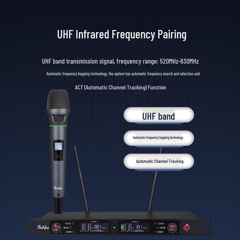 Runpu Профессиональная беспроводная UHF система с двумя ручными микрофонами (Китайская версия)