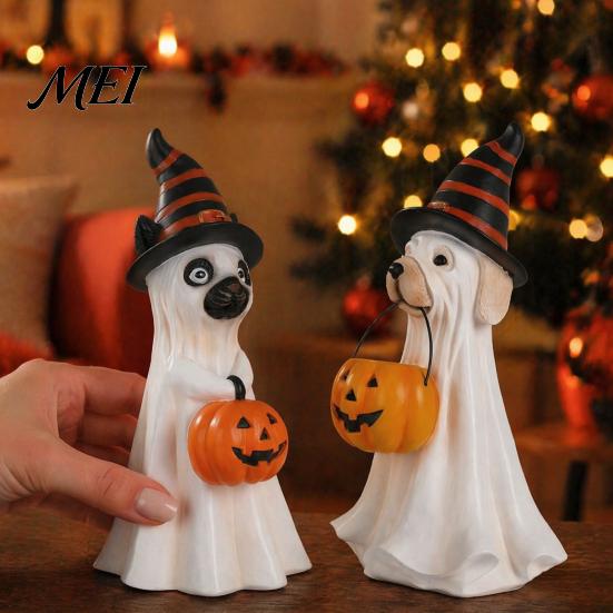 Spooky Puppy Desk Decor Halloween Ghost Dog Figurine, Wizard Hat Pumpkin Resin Statue, Cute Tabletop Display Accents for Entryway Bar Window