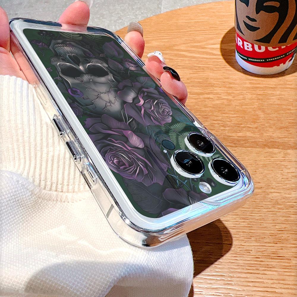 Мягкий чехол из ТПУ для телефона Xiaomi Redmi Note 15 14 13 12 11 10 9 Pro Plus 4G 5G с изображением черепа и темно-фиолетовых роз и папоротников