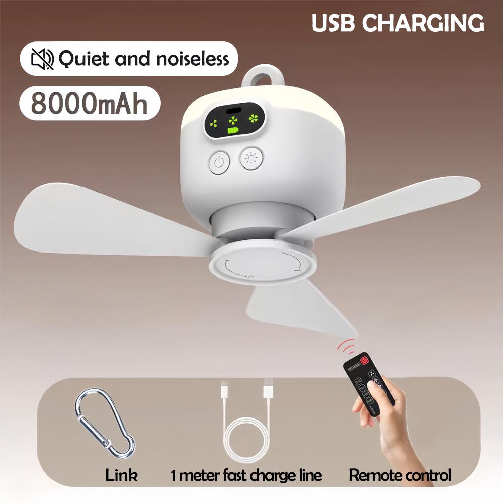 Домашний потолочный вентилятор с 3 скоростями, регулируемый, 8000 мАч, портативный уличный вентилятор для кемпинга, беспроводной потолочный вентилятор с дистанционным управлением и ночной подсветкой