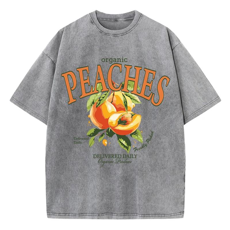 Casual Woman Acid Wash T-Shirts Fresh Peaches Delivered Daily Prints Tops Distressed Crewneck Oversize Cotton Clothes