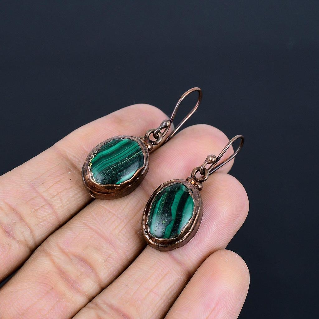 Серьги из малахита, Медные электроформованные украшения, Подарок для женщин, Серьги ручной работы, Украшения из драгоценных камней