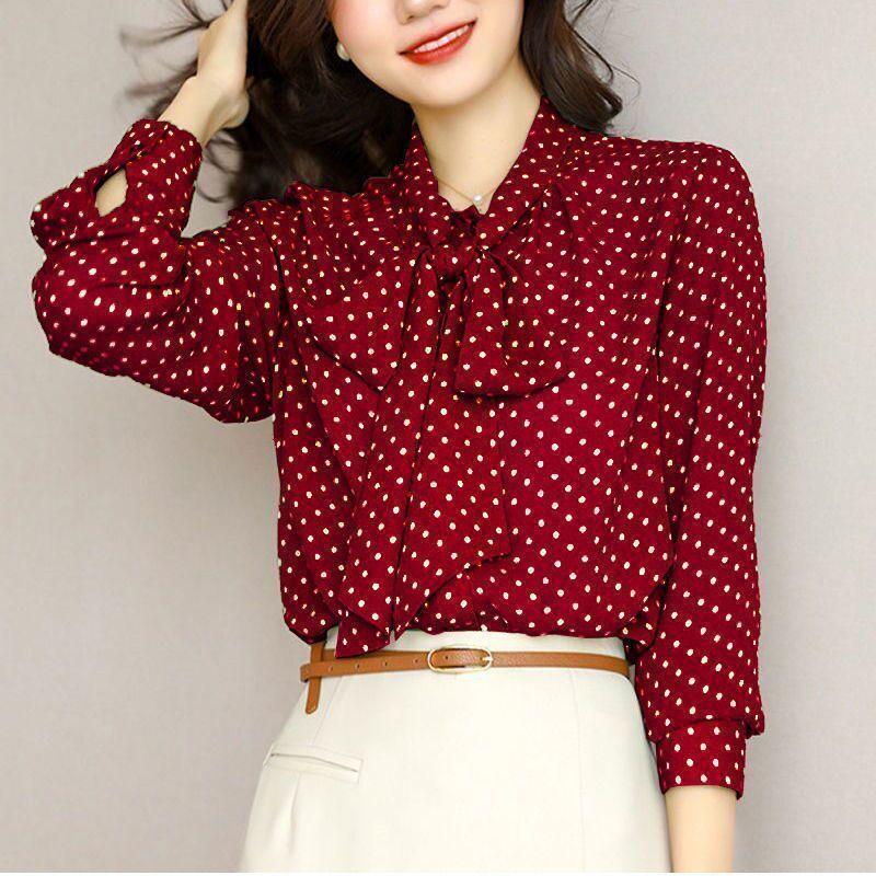 Spring Autumn Shawl Collar Long Sleeve Blouse Women's Bow Polka Dot Printing Cardigan Elegant Thin Style Shirt