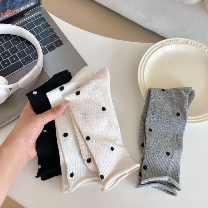 Polka Dot Socks, Women's Mid-calf Socks, Trendy Summer Thin Cotton Student Mesh Breathable Rolled-up Long Socks