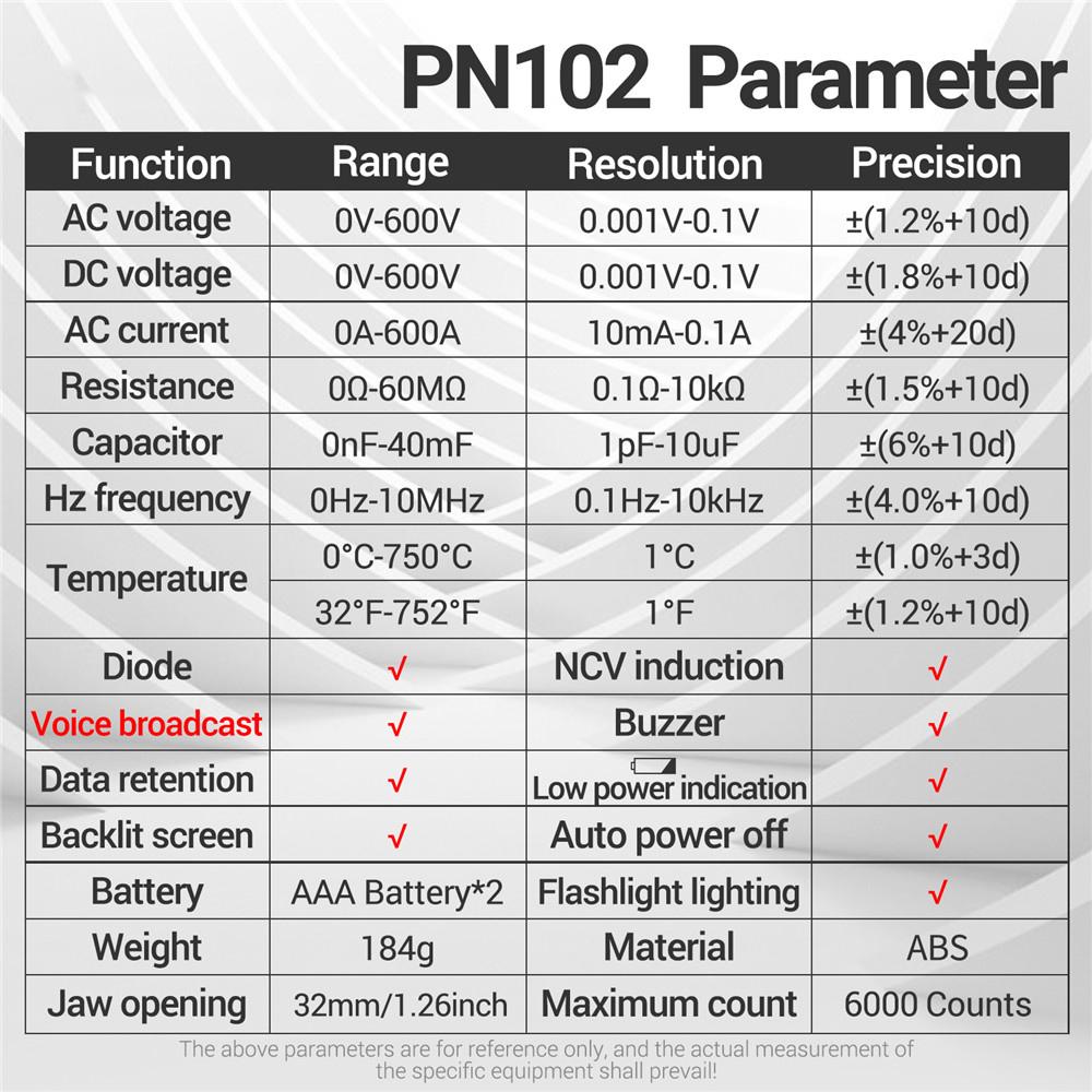 ANENG PN102+ Умный токоизмерительный клещевой мультиметр 6000 отсчетов Автоматический выбор диапазона Мультиметр Клещи AC/DC Вольтметр Диод Гц Измеритель тока