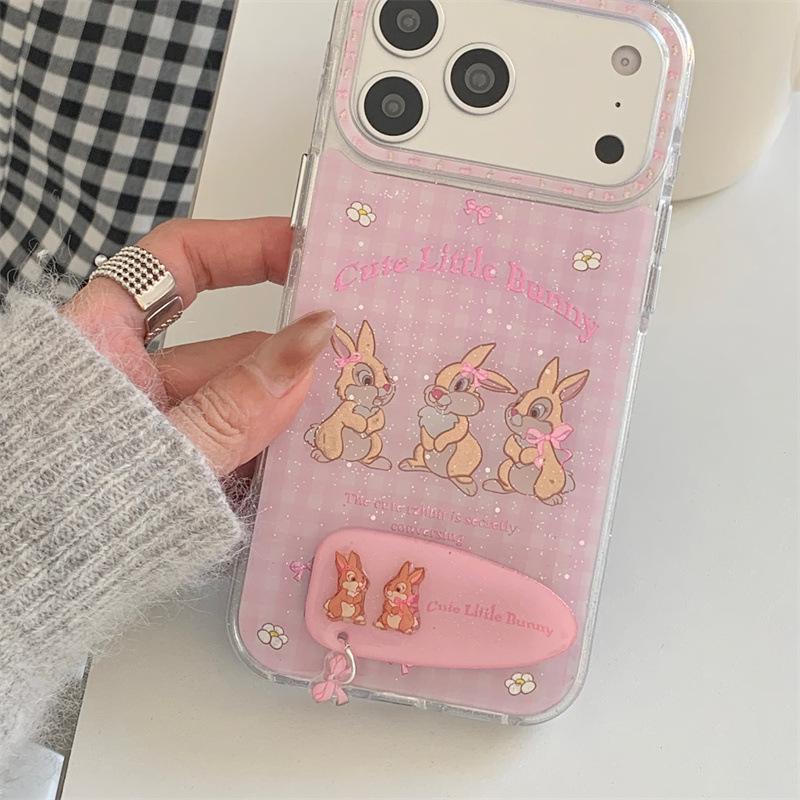 Розовый клетчатый чехол-подставка с кроликом для iPhone 17/16 Pro Max/15/14 - Девчачий дизайн