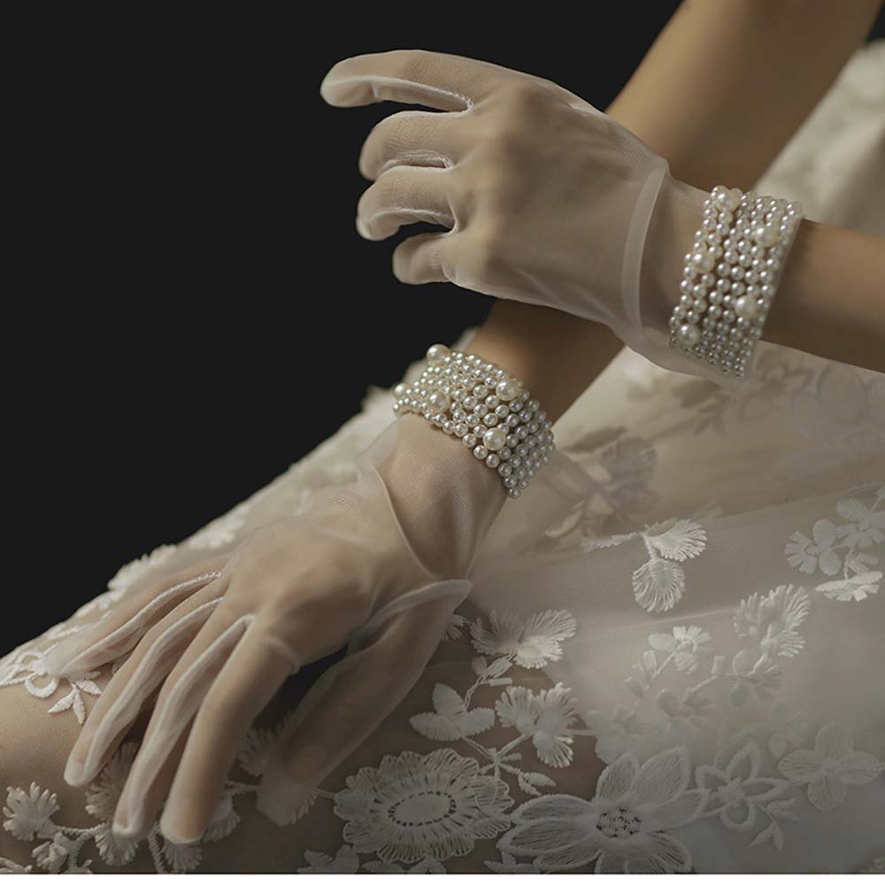 Sexy Transparent Lace White Bridal Girl Pearl Finger Gloves Bow Tulle Mittens Short Wedding Gloves
