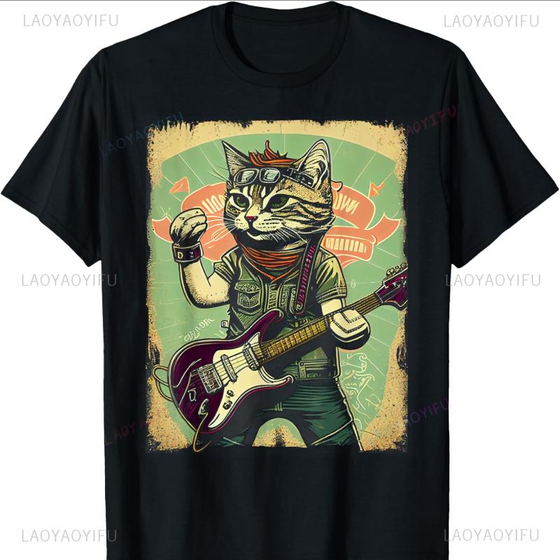 Cat Playing Electric Guitar Vintage Retro Cat Graphic Tees T-Shirt Graphic T Shirts Shirts for Women Harajuku Y2k Clothes Tops