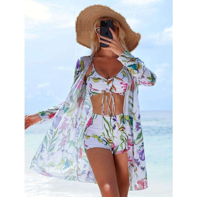 Раздельный купальник из трех частей с бикини с плоской линией бедра для женщин, новый стиль с раздельным верхом и бантом, модный пляжный и купальный наряд