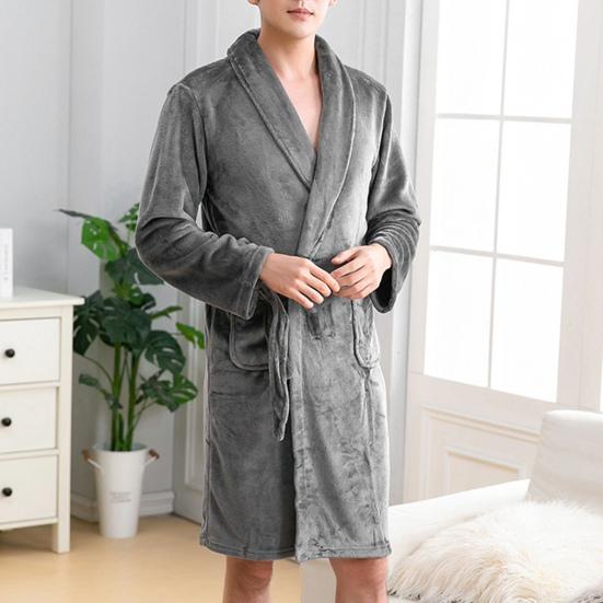 Autumn Winter Men Nightgown Flannel Pockets Lapel Solid Color Long Sleeve Robe Plus