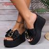 Fashion Aphixta Black Summer 9cm Wedge Heels Slippers Women Metal Bow Mulers Platform Sandals Clog Shoe Slides Plus Size 43