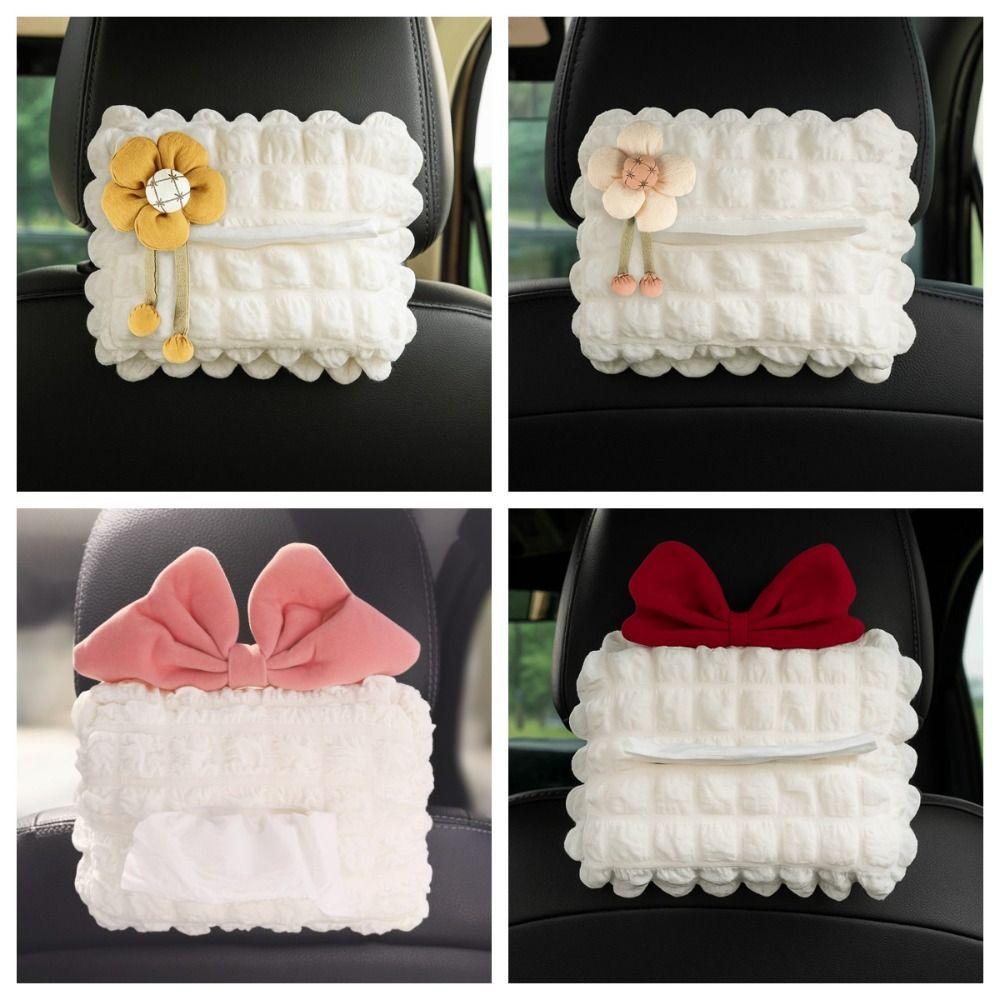 Puff Grid Car Hanging Napkin Holder Bow Paper Organizer Storage Bag  Headrest Armrest