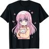 Аниме Девушка с Розовыми Волосами Милый Белый Кот Любитель Отаку Подростковая Футболка