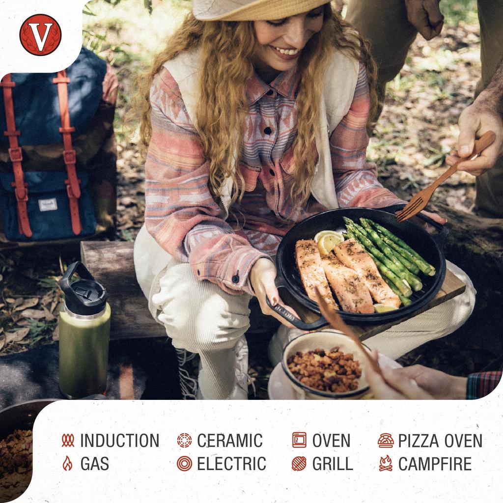 Сковорода-гриль из чугуна Victoria, круглая, с двойной ручкой, с льняным маслом и приправами