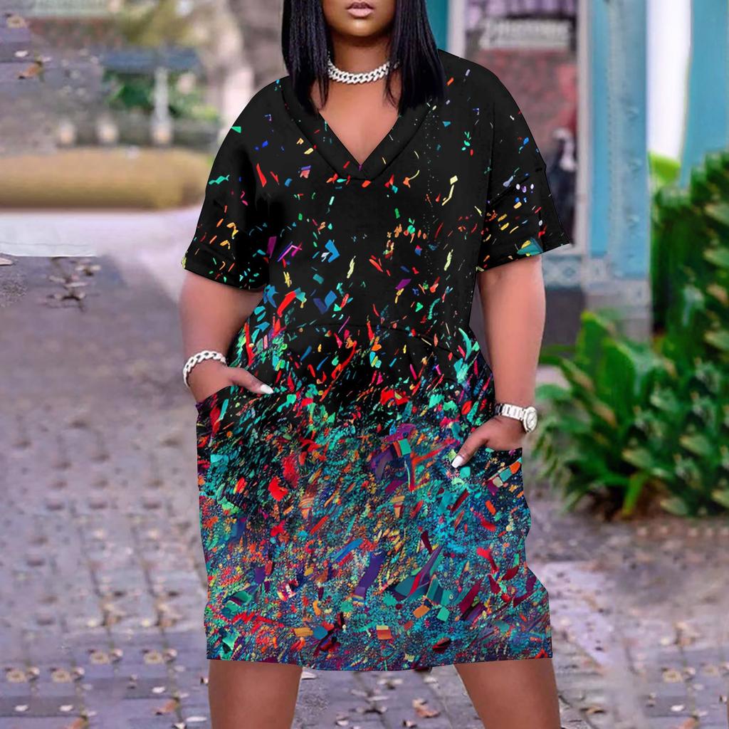 Большое платье, женское летнее платье с v-образным вырезом, платье с короткими рукавами и принтом, с карманами