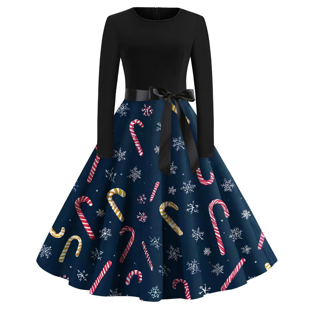 Женское модное повседневное платье с круглым вырезом, рождественским принтом и длинными рукавами