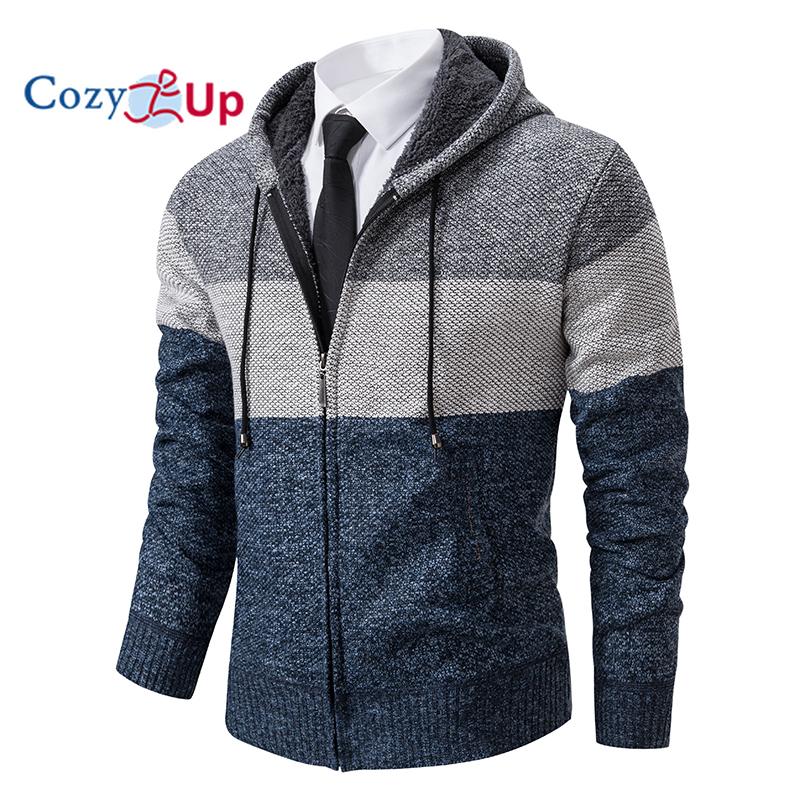 Cozy Up Autumn  Hooded Warm Sweater for Men with Thick and Velvet Men Knitted Sweatercoats Patchwork Jacket Male