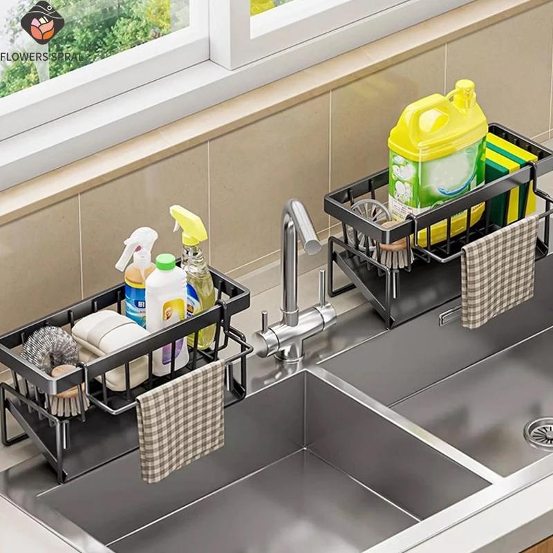 Черно-белая стойка для хранения кухонных принадлежностей для мытья раковины, кухонная дренажная стойка из нержавеющей стали, стойка для хранения губок и средств для чистки