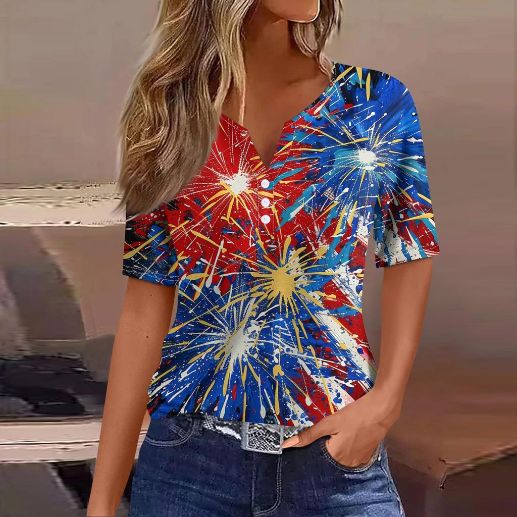 Жен. Футболка Футболка День независимости С принтом Пуговицы С короткими рукавами Повседневные Выходные Мода Классический Классический V-образный вырез Обычный Топ