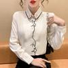 Весна-Осень 2023, милый топ, блузка с вышивкой кота, белая рубашка с длинными рукавами, женская одежда, топ, однобортный кардиган