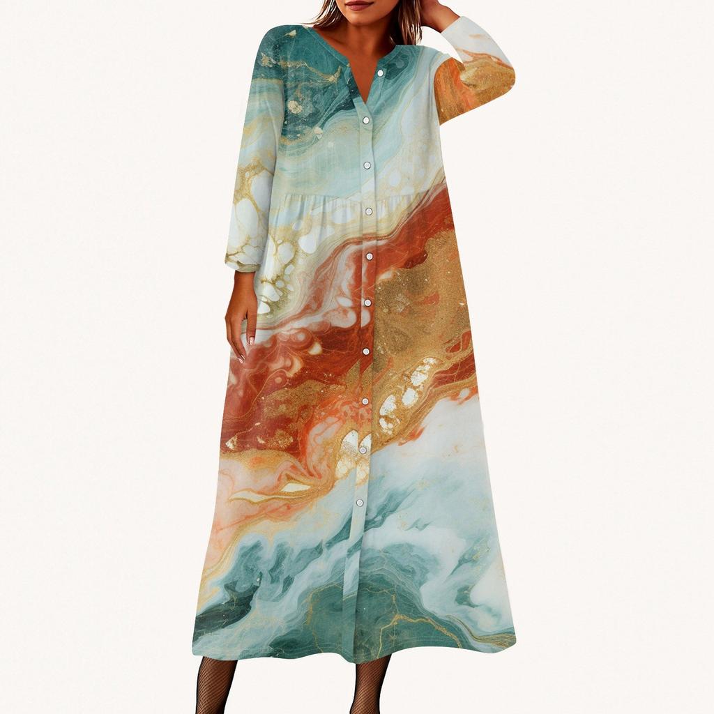 Женское модное платье-рубашка свободного кроя с принтом, круглым вырезом и рукавами семь четвертей на пуговицах