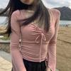 Designed Pleated Lace-up Long-sleeved T-shirt for Women Early Autumn New Pure Lust Hot Girl Slimming Short Top