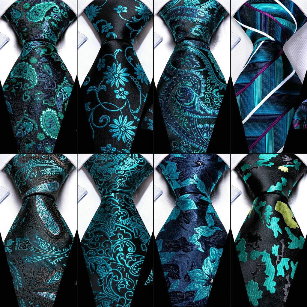 Mens Fashion Neckties Teal Silk Tie Pocket Square Cufflinks Blue&Green Formal Casual Ties