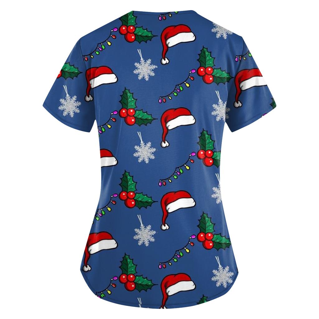 Women's Fashion V-neck Short Sleeve Workwear With Pockets Christmas Printed Tops