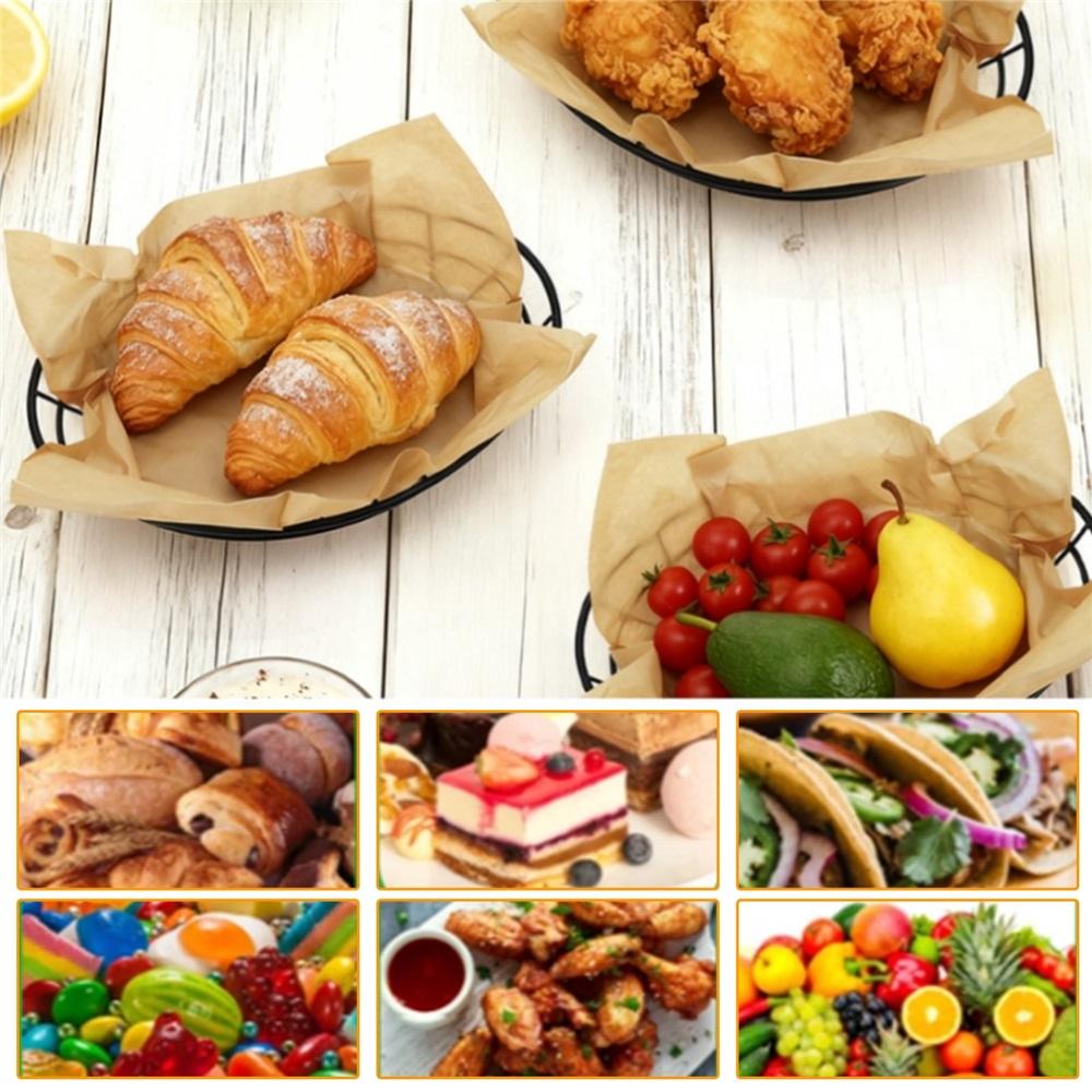 12-piece set of black wire bread baskets with 100 sheets of checkered deli paper liner – 9.65" x 6.1" x 2.2" metal fast food tray