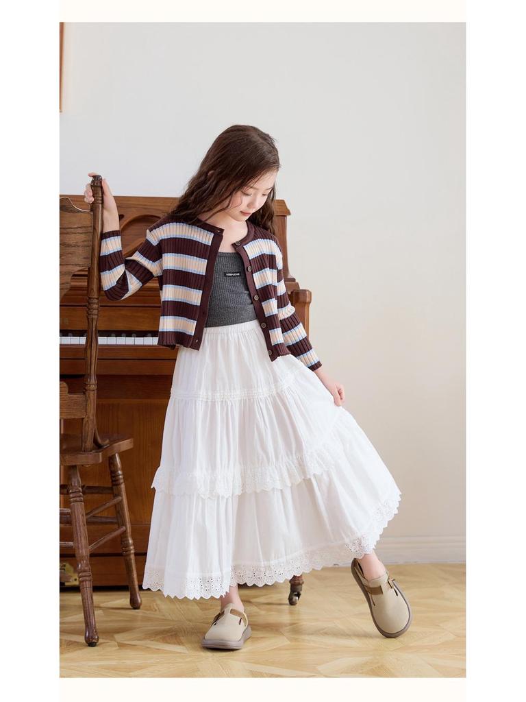 Длинная юбка-торт с кружевом для девочек с высокой талией - Белая Весна/Осень 2025