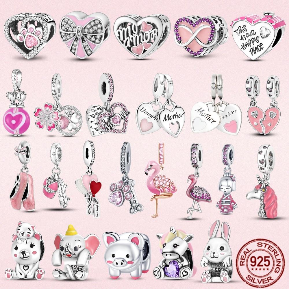 2023 New Pink Flowers Unicorn Flower Heart Mama Forever Love Beads Fit Original Fasion Glamour 925 Silver Bracelet Jewelry