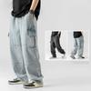 Men's Double Three-dimensional Pocket Jeans Spring Retro Distressed Washed Tooling Trousers Men