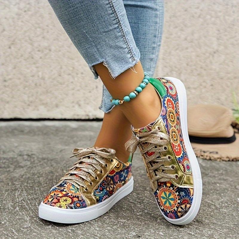 2025 Spring New Arrival Plus Size Women's Flat Casual Shoes Floral Ethnic Style Lace-Up Front Lightweight Shoes
