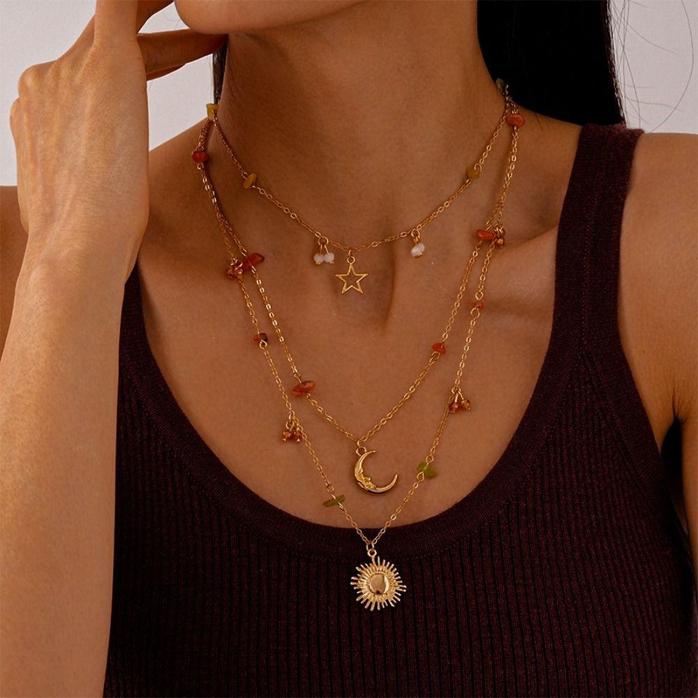 Bead Clavicle Chain Women Sun Moon Star Bowknot Clavicle Necklace Y2K Multilayer Necklace Girls