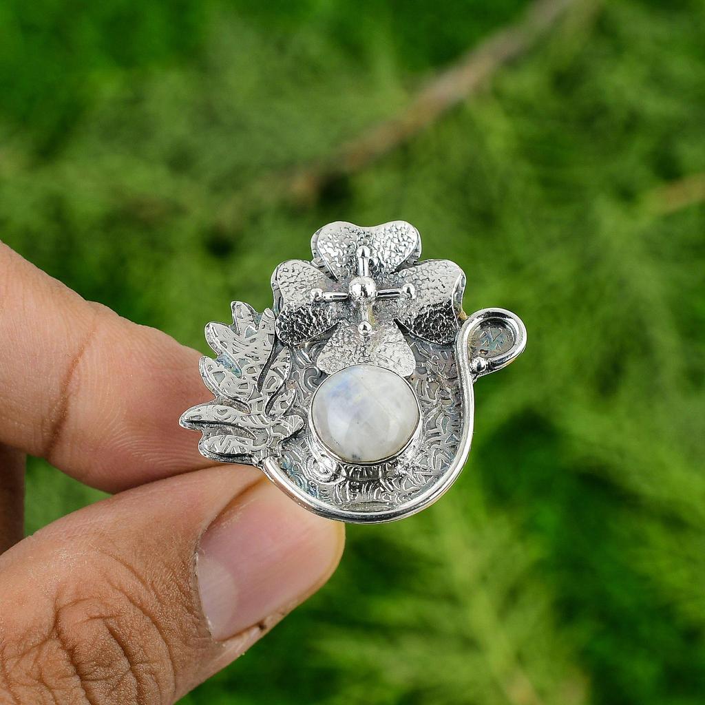 Sterling Silver Rainbow Moonstone Stone Promise Engagement Flower Ring Jewelry