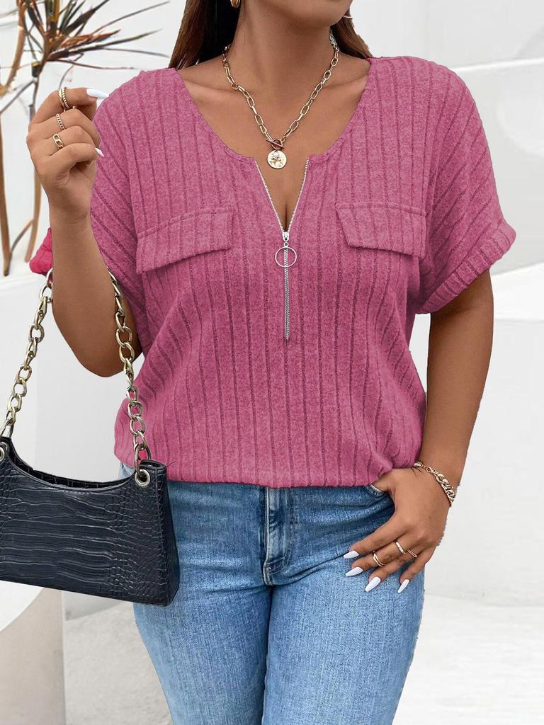 2024 Solid Color Women's Zipper Pullover T-shirt with Fake Pocket, Large Size, Short Sleeve, Loose Fit.