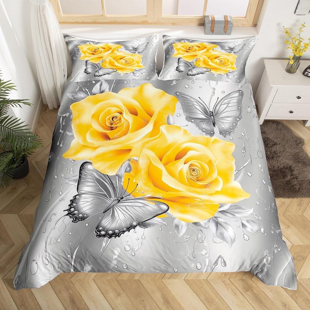 Rose Butterfly Duvet Cover Queen King Size Butterfly Valentine'S Day Quilt Cover Bedding 3 Pcs Rose Flower Quilt Cover 3 Pcs