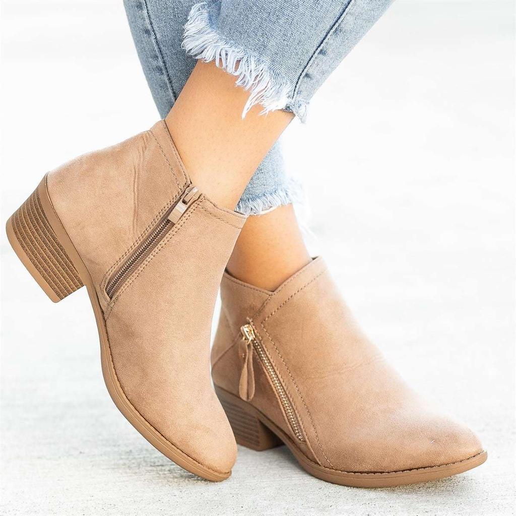 Women Side Zipper Boots Fashion Suede Low Heel Shoes Women Short Boots Square Heels Casual Ankle Boots Plus Size 43 Botas Mujer