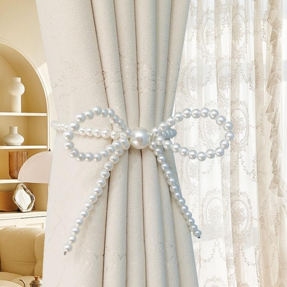 2pcs Pearl Bow Curtain Tieback Faux Pearl Pearl Magnetic Buckle Magnetic Curtain Strap Living Room