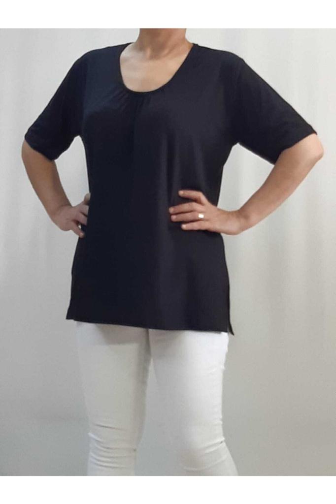 Женская стильная футболка большого размера со сборками спереди, с круглым вырезом и короткими рукавами, черная футболка из чесаного хлопка
