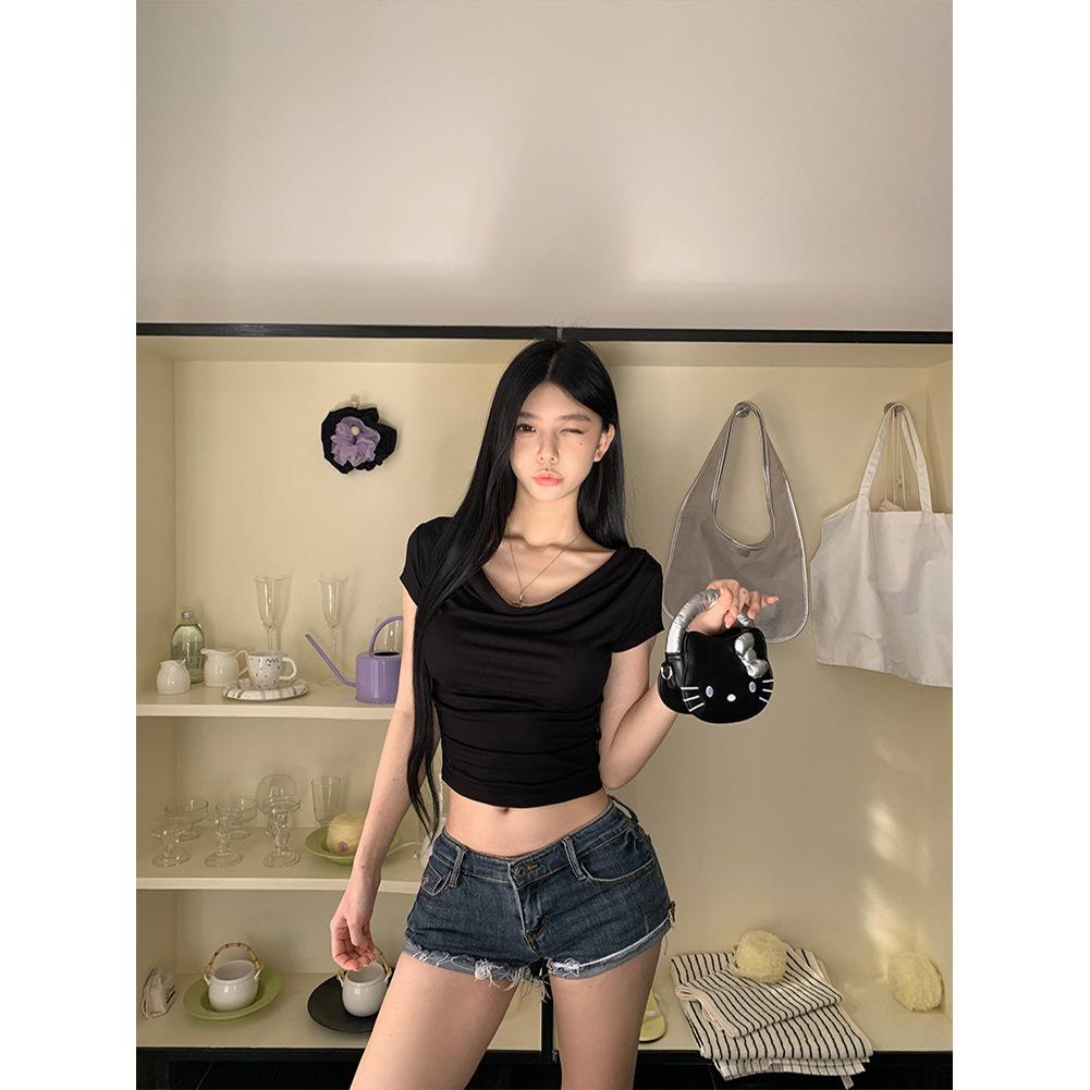 Design swinging collar short-sleeved T-shirt for women, summer new waist pinch slim and thin Korean top