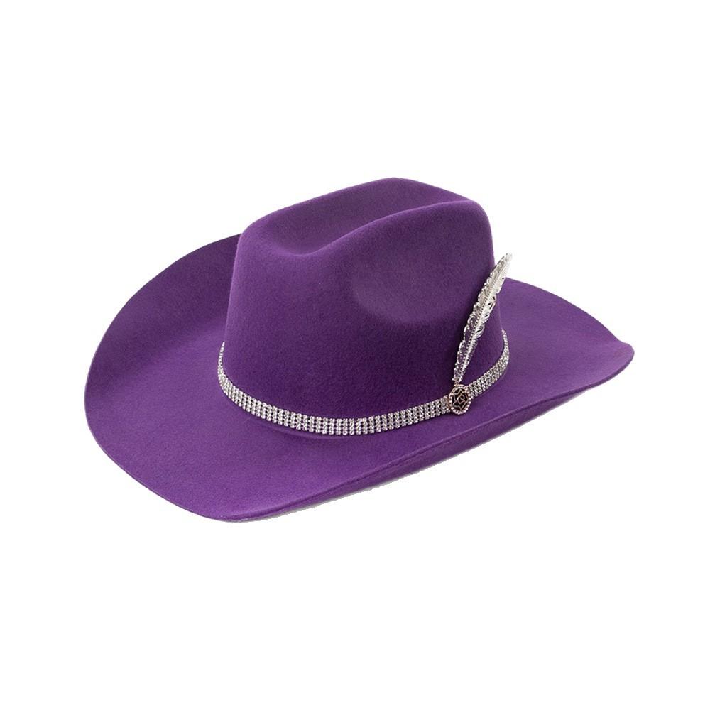 Europe, America autumn and winter fashion leisure hot-selling rhinestone metal feather big eaves warped edge wool cowboy hat felt hat tide