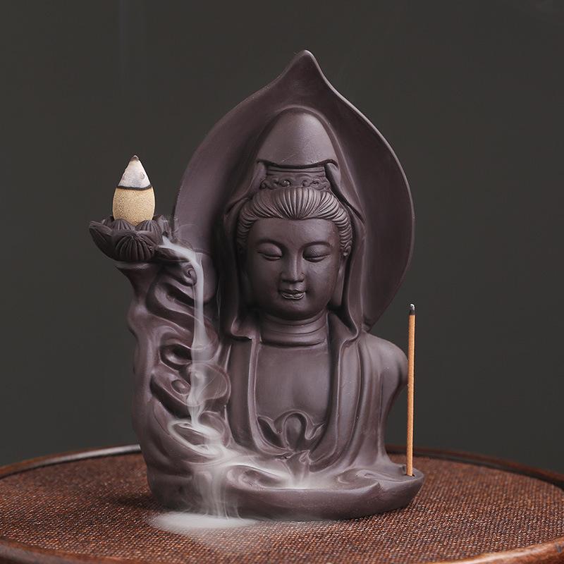 Purple Clay Avalokitesvar Handicrafts Buddha Waterfall Backflow Incense Burner Home Decor Incense Stick Holder Ceramic Censer