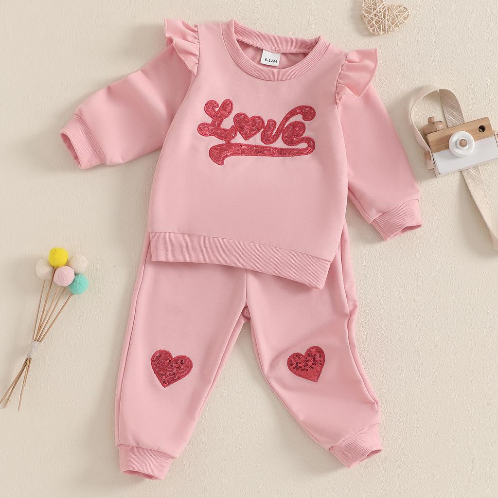 Осенний наряд для девочки, летающий топ с длинными рукавами и круглым вырезом, принтом в виде букв и сердец, с пайетками и брюками с галстуком-бабочкой