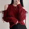 Off-the-shoulder Sweet Korean Fashion Pullover Women Sweater Autumn Winter Bow Tie Lace Up Casual Knitted Tops O Neck Loose Long Sleeve Clothing