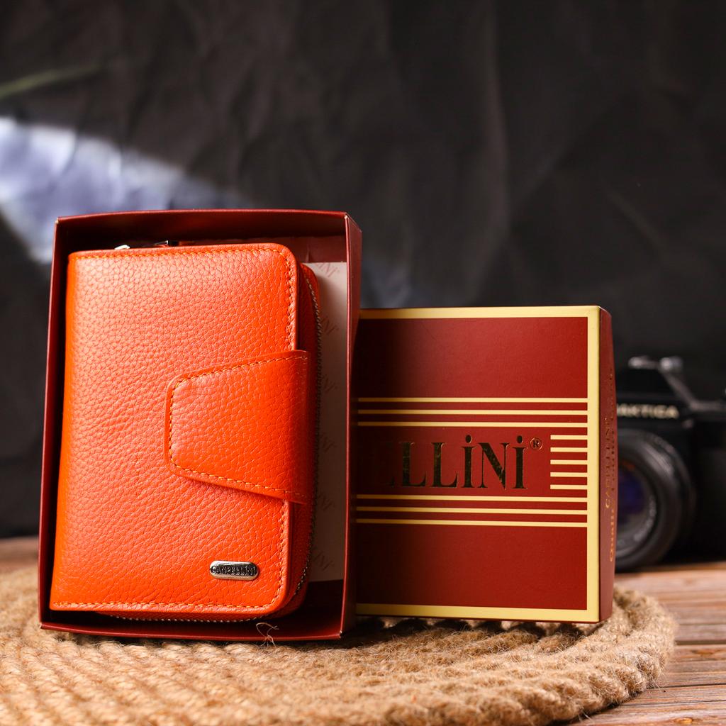 Яркое вертикальное женскон портмоне с монетницей на молнии из натуральной кожи флотар CANPELLINI Wallet 21602 Оранжевое