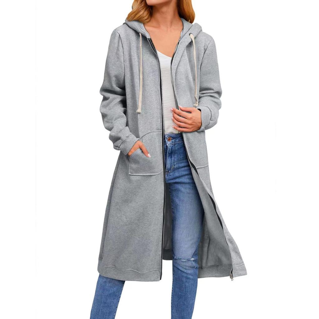 Loose Zip Long Cardigan Jacket Women's Hooded Sweatshirt Long Coat With Pocket
