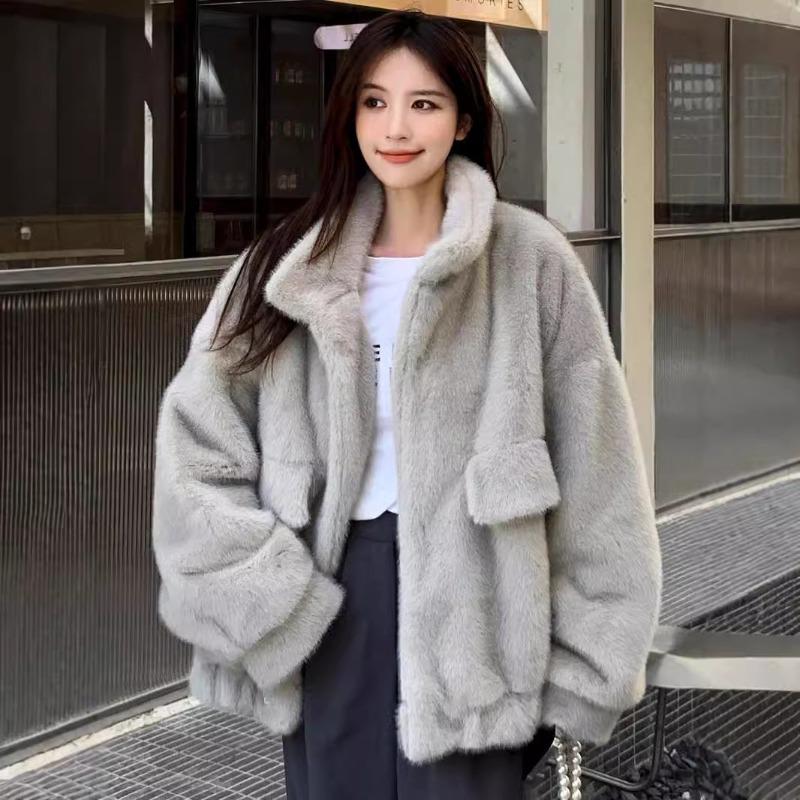 Зимняя меховая куртка, свободное плюшевое пальто, женская, новая бежевая норковая шерсть, воротник-стойка, большой карман, меховой топ