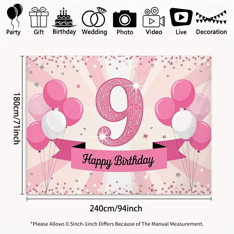 2D Elegant Pink 9th Birthday Background Cloth, Diamond Number Party Tapestry