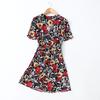 Export Single Fashion Elegance Print French Short Sleeve Dress Summer Viscose Drape Front Row Buttons Fitted Waist Shirt Dress